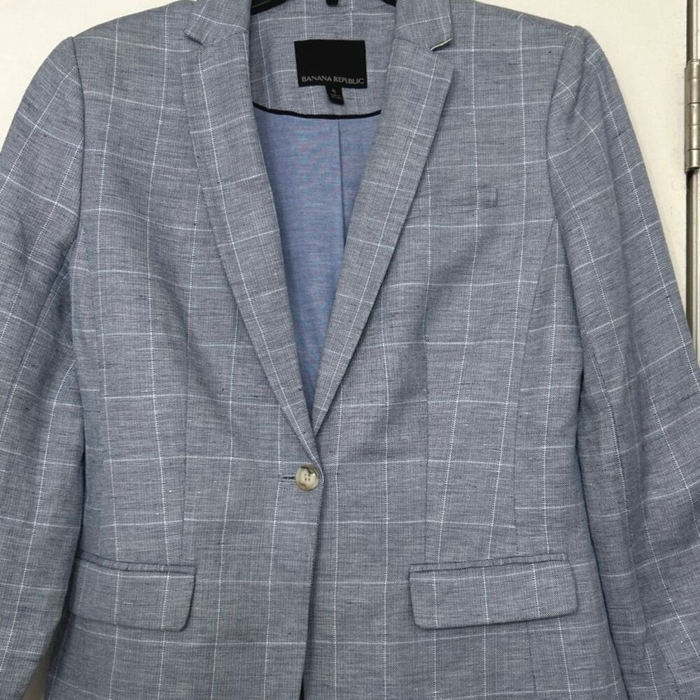 Banana Republic Blue Linen Blend Plaid Blazer Jacket 6 Old Money Preppy Classic - Picture 3 of 14